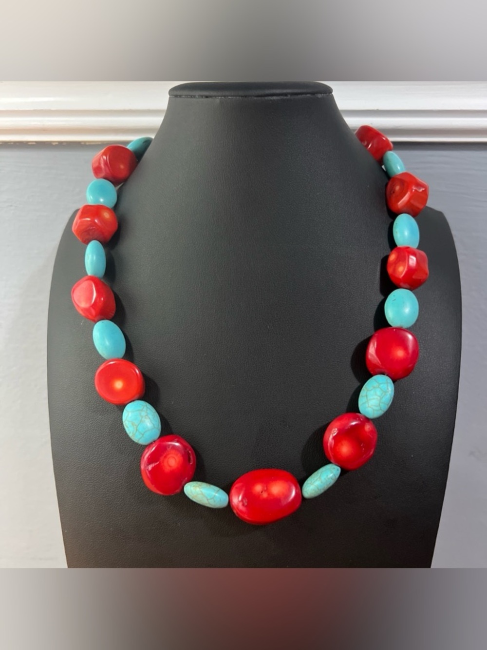 VTG Natural Chunky Beaded Red Coral Blue Turquoise 20” Statement Necklace